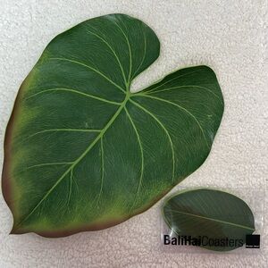 Design Idea Bali Hai Leaf-Shaped Table Textiles in Deep Green w/Olive Accents